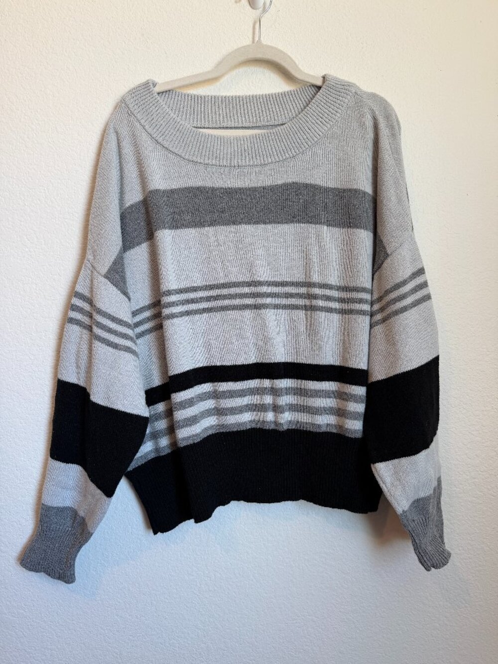 Lucky Brand Grey and Black Boxy Striped Sweater XXL - Picture 2 of 6
